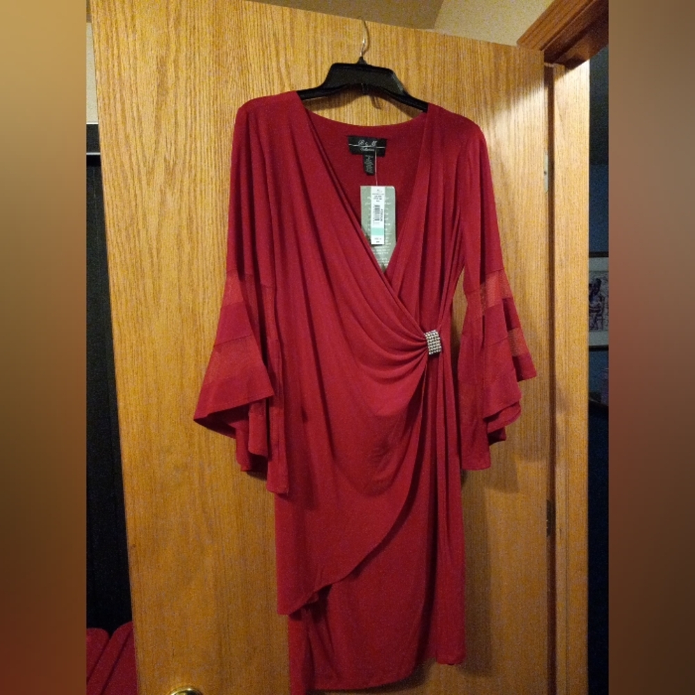 R & M Collection Red Dress Rusched Waist Bell Semi Sheer Sleeves Sz 8 Vneck